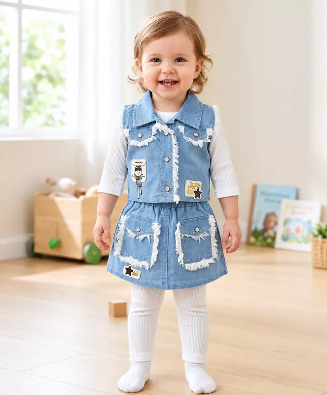 Girls 4-Piece Denim Jacket, Skirt, Top & Leggings Set