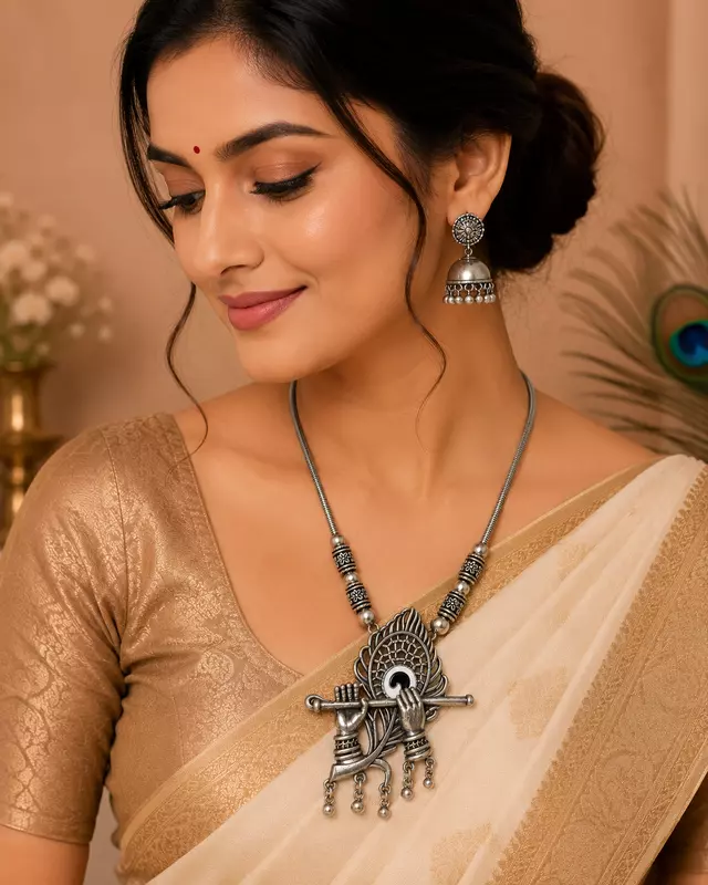 Oxidized Silver Krishna Flute Pendant Necklace for Women