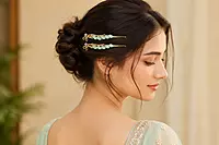 Gold-Tone Bow Hairpin Set with Pastel Bead Cascades .
