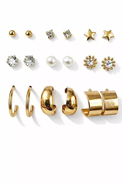 Gold Plated Multi-Stud and Hoop Earring Set with Pearls and Crystals | Anti Tarnish