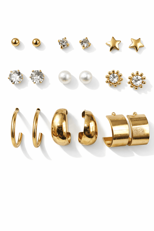 Gold Plated Multi-Stud and Hoop Earring Set with Pearls and Crystals | Anti Tarnish