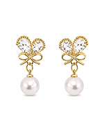 Crystal Butterfly Bow Earrings with Pearl Drops in Gold