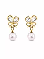 Crystal Butterfly Bow Earrings with Pearl Drops in Gold
