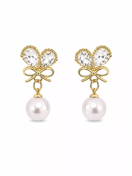 Crystal Butterfly Bow Earrings with Pearl Drops in Gold