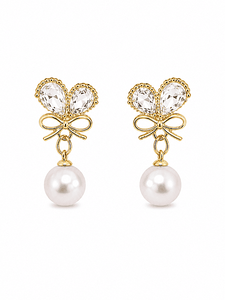 Crystal Butterfly Bow Earrings with Pearl Drops in Gold