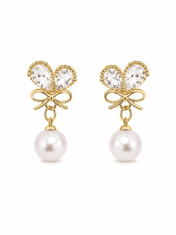 Crystal Butterfly Bow Earrings with Pearl Drops in Gold