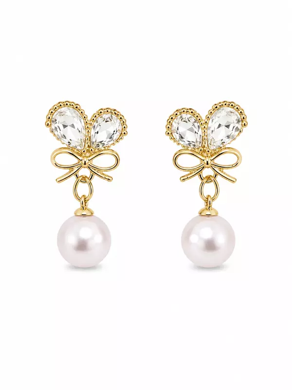 Crystal Butterfly Bow Earrings with Pearl Drops in Gold