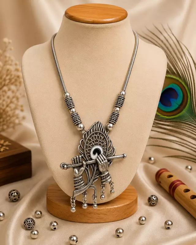 Oxidized Silver Krishna Flute Pendant Necklace for Women