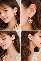 Multi-Stud Earring Set with Pink Floral Drops-Combo | Korean Style