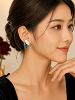 Leaf and Pearl Drop Earrings in Teal and White