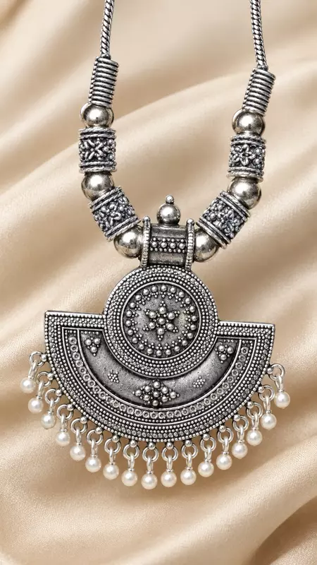 Antique Oxidised Silver Tribal Statement Pendant Necklace with Pearl Fringe