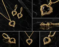 Heart Necklace, Earrings, and Ring Set - Gold