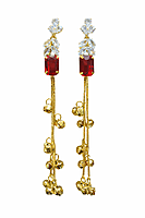 Red Stone Long Drop Brass Earrings with Crystal and Ghungroo Chains |  Kashmiri Earrings