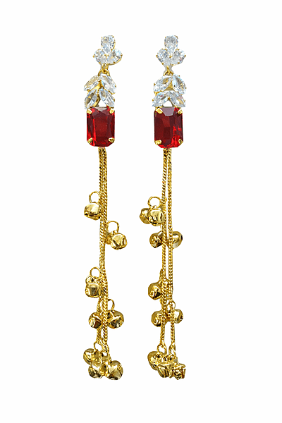 Red Stone Long Drop Brass Earrings with Crystal and Ghungroo Chains |  Kashmiri Earrings