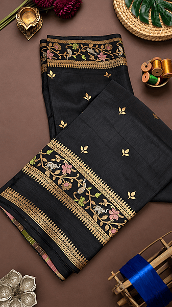 Pure Benarasi Katan Silk Black Saree with Intricate Zari Floral Border – Machine Woven Pure Benarasi Katan Silk Black Saree with Intricate Zari Floral Border – Machine Woven