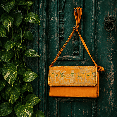 Premium Swarnachari Silk Purse | Golden Yellow Zari & Green Meena Work