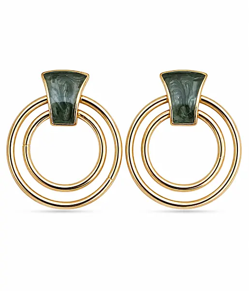 Black Marble Statement Hoop Earrings with Gold Accents