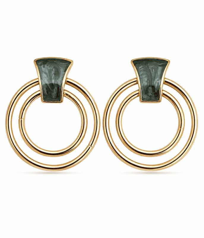 Black Marble Statement Hoop Earrings with Gold Accents