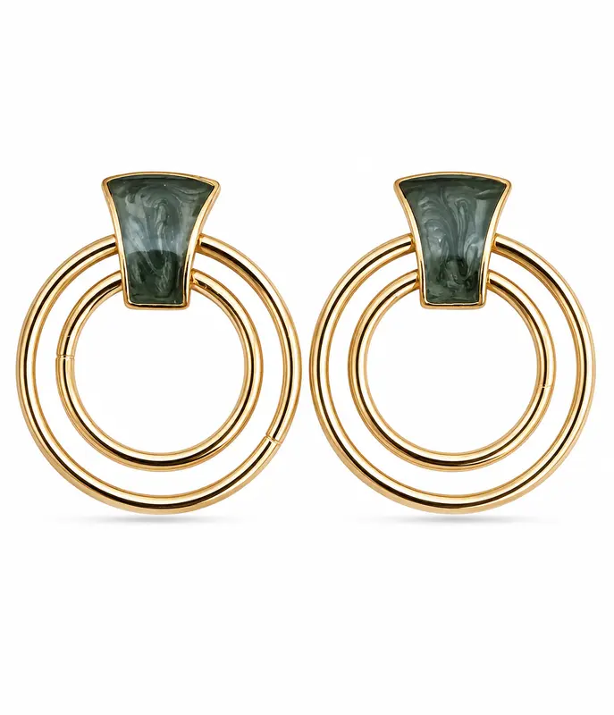 Black Marble Statement Hoop Earrings with Gold Accents