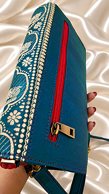Peacock Blue-Green Dual-Tone Baluchari Silk Sling Bag royal motif Peacock Blue-Green Dual-Tone Baluchari Silk Sling Bag royal motif