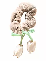 Plush Fur Hair Scrunchies with Floral Ribbon Charms