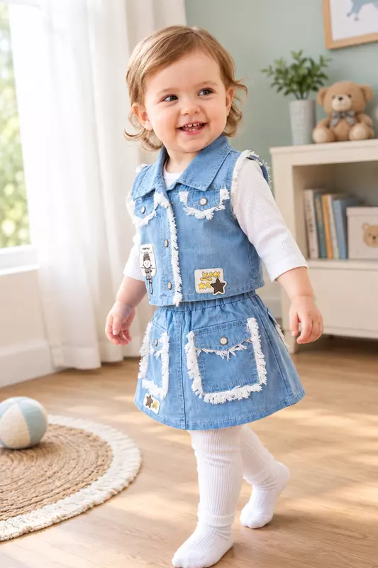 Girls 4-Piece Denim Jacket, Skirt, Top & Leggings Set