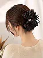 Black and Brown Plaid Scrunchie Hair Clutcher with Crystal Accent