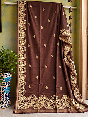 Mashru Katan Banarasi Saree – Chocolate Brown with Golden Zari Mashru Katan Banarasi Saree – Chocolate Brown with Golden Zari