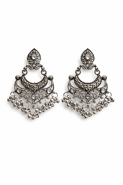 Antique Silver Oxidized Chandbali Earrings with Pearl Beads