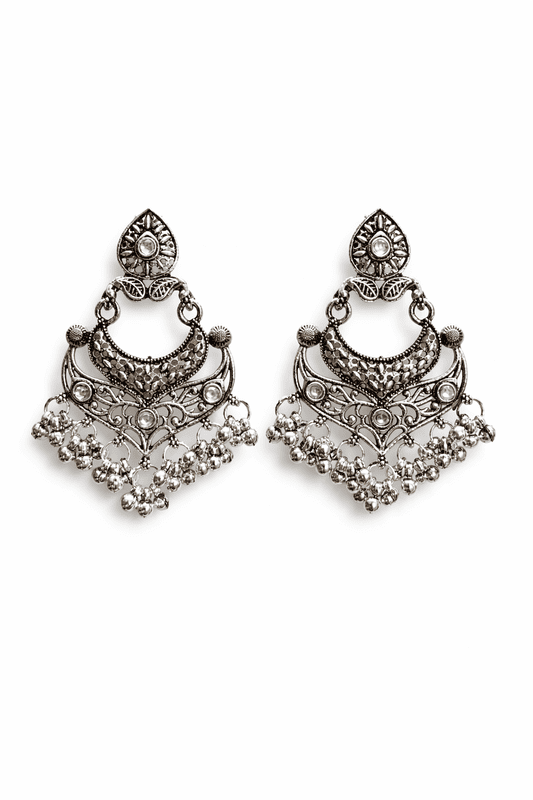 Antique Silver Oxidized Chandbali Earrings with Pearl Beads