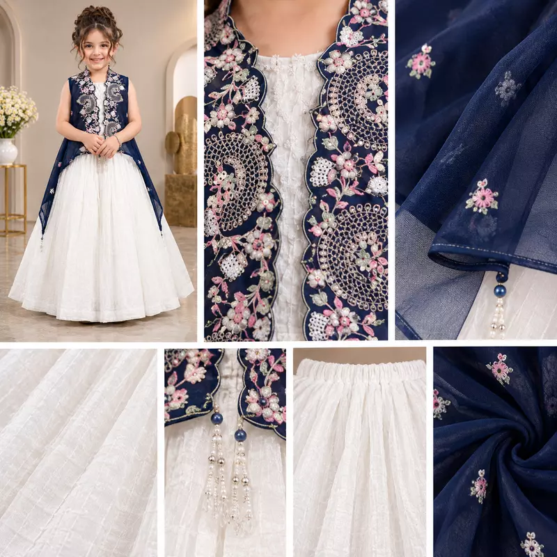 Girls Navy Blue Embroidered Anarkali Lehenga Set with White Skirt