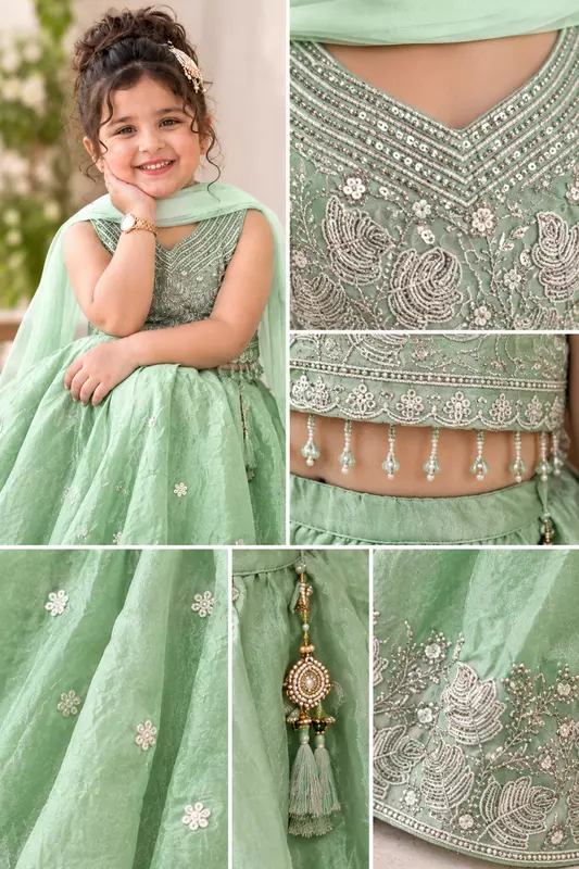 Mint Blossom Princess Embroidered Festive Lehenga Choli Set for Girls