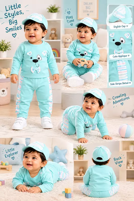 Mint Green Little Bear Printed Baby Boy Co-Ord Set with Cap