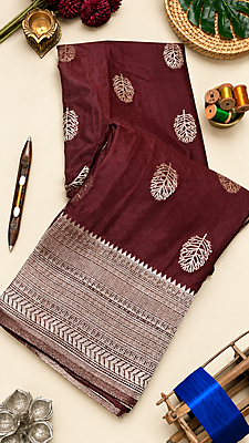Elegant Maroon Khaddi Saree with Intricate Metallic Leaf Motifs & Rich Woven Border Elegant Maroon Khaddi Saree with Intricate Metallic Leaf Motifs & Rich Woven Border