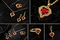 Heart Necklace, Earrings, and Ring Set - Gold