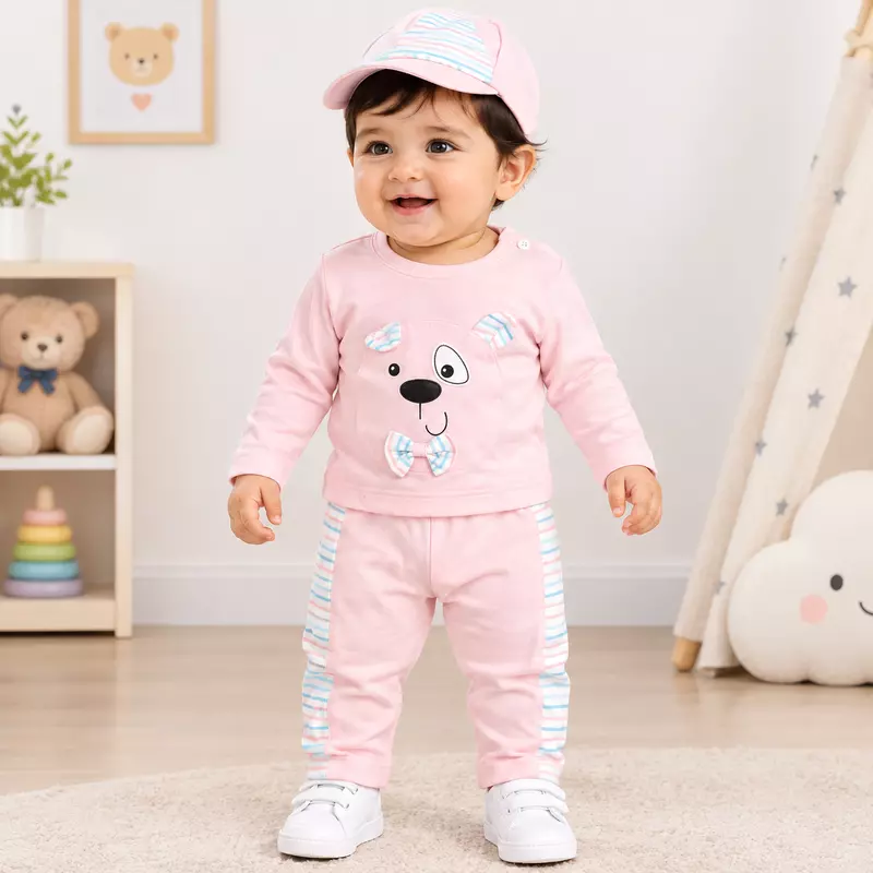 Mint Green Little Bear Printed Baby Boy Co-Ord Set with Cap