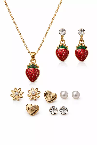 Strawberry Pendant Set and Multi-Stud Earrings-Combo | Korean Style