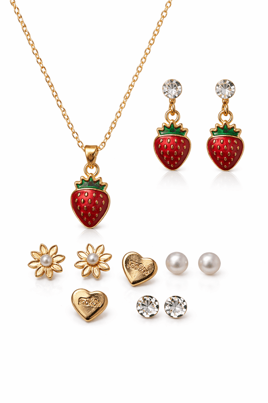 Strawberry Pendant Set and Multi-Stud Earrings-Combo | Korean Style