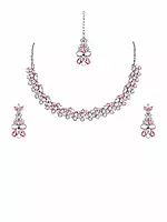 Crystal Necklace, Earrings, and Maang Tikka Set - Silver