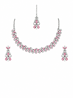 Crystal Necklace, Earrings, and Maang Tikka Set - Silver