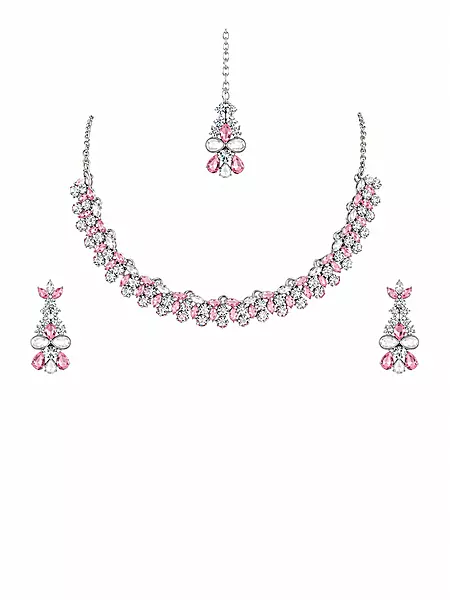 Crystal Necklace, Earrings, and Maang Tikka Set - Silver