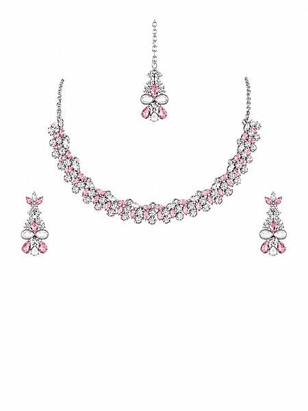 Crystal Necklace, Earrings, and Maang Tikka Set - Silver