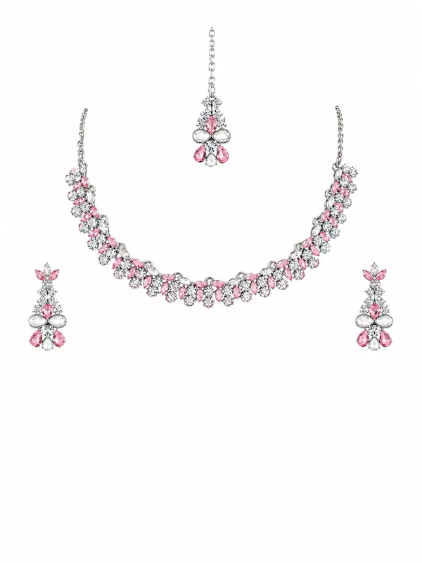 Crystal Necklace, Earrings, and Maang Tikka Set - Silver