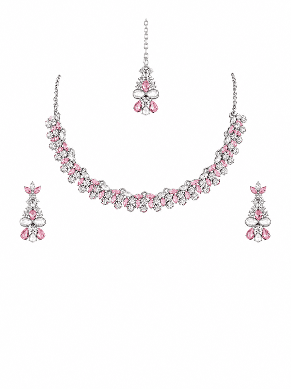 Crystal Necklace, Earrings, and Maang Tikka Set - Silver