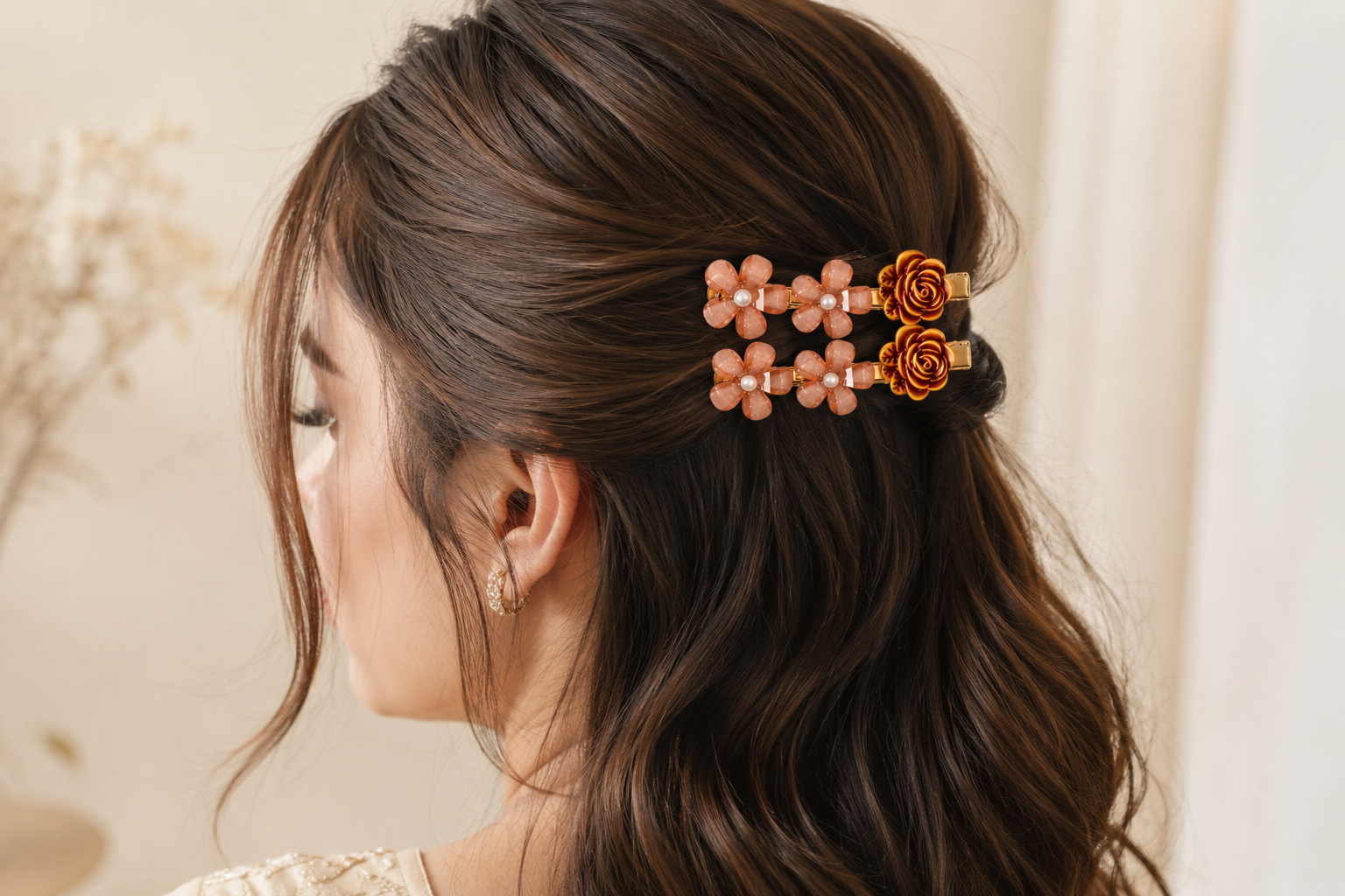 Copper-Tone Rose Hairpin Set with Peach Bead Flower Accents