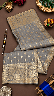 Elegant Grey Banarasi Saree in Semi Katan with Rich Golden Zari Elegant Grey Banarasi Saree in Semi Katan with Rich Golden Zari