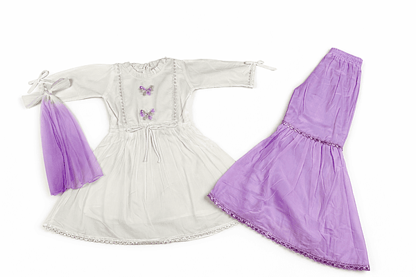 Butterfly Embroidered Dress Set with Dupatta and Plazo for Girls