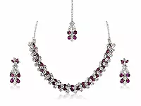 Crystal Necklace, Earrings, and Maang Tikka Set - Silver