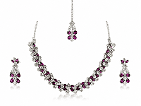 Crystal Necklace, Earrings, and Maang Tikka Set - Silver
