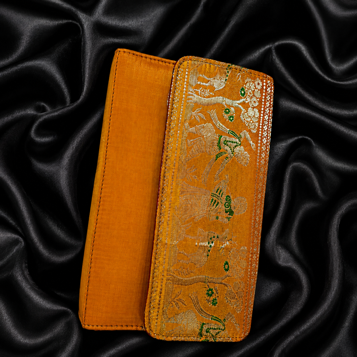 Premium Swarnachari Silk Purse | Golden Yellow Zari & Green Meena Work